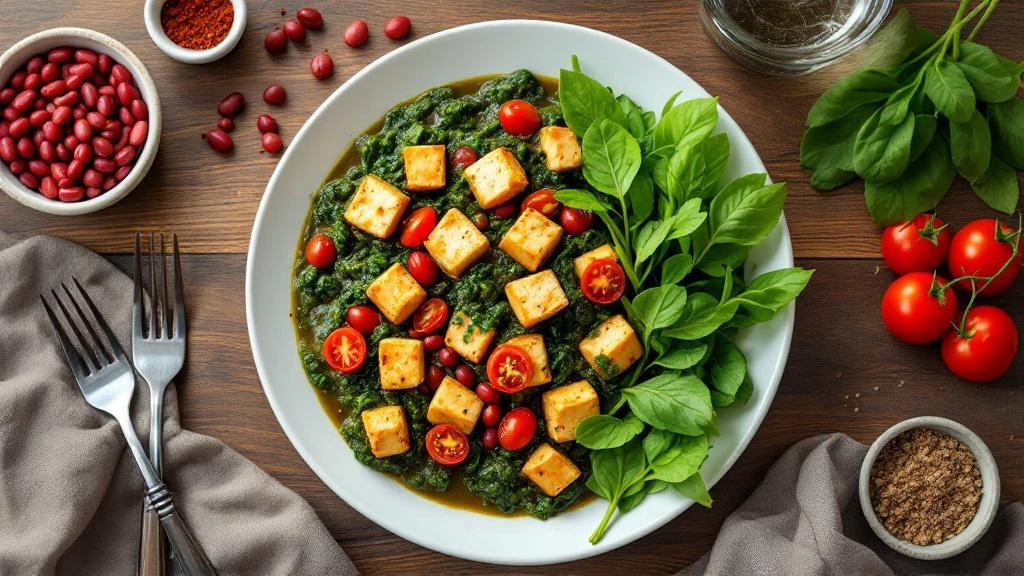 Red beans, spinach and tofu stew with salad garnish