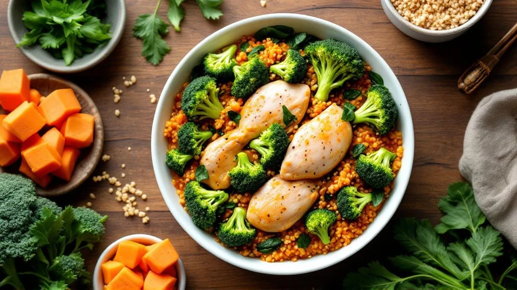 Golden quinoa curry with chicken, sweet potato and greens